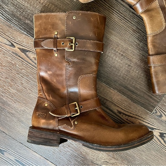 UGG UGGS Leather Shearling lined footbed double buckle detail brown size 7 - Picture 12 of 14